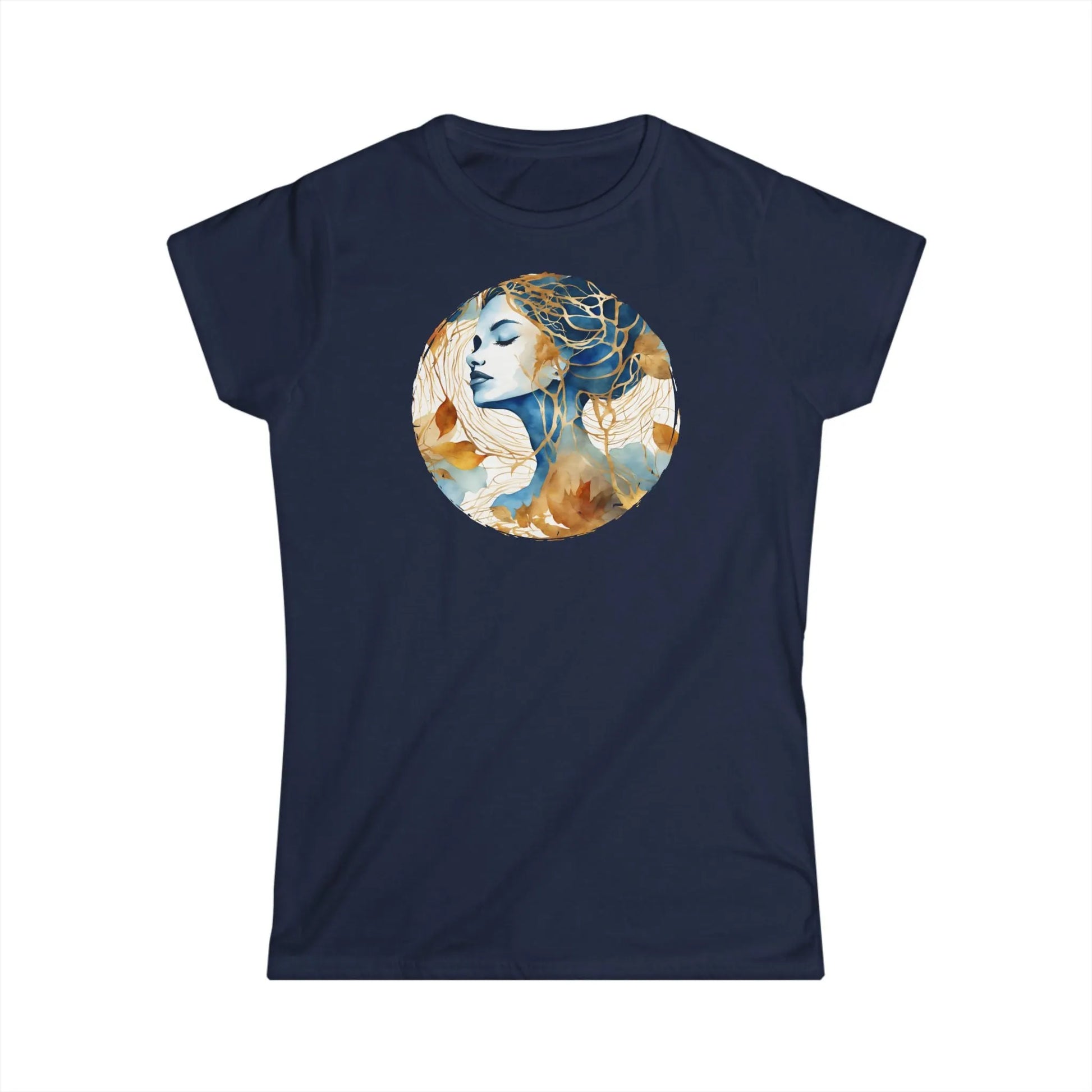 Tailliertes Damen Kurzarm T-Shirt mit Aufdruck – abstrakte Frau mit blau und gold - 100% Baumwolle - 153 g/m² - auch in großen Größen - Navy