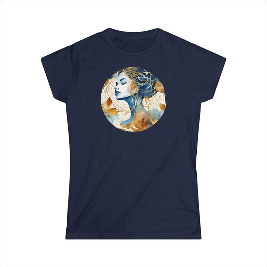 happy-prints.eu - Tailliertes Damen Kurzarm T-Shirt mit Aufdruck – abstrakte Frau mit blau und gold - 100% Baumwolle - 153 g/m² - auch in großen Größen