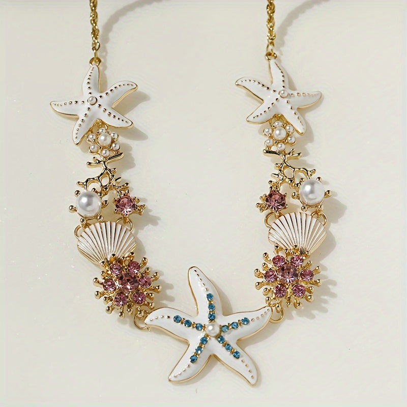Maritime Damen Halskette mit Seestern, Muschel und Strasssteine auf goldfarbener Kette - 2 wunderschöne Designs