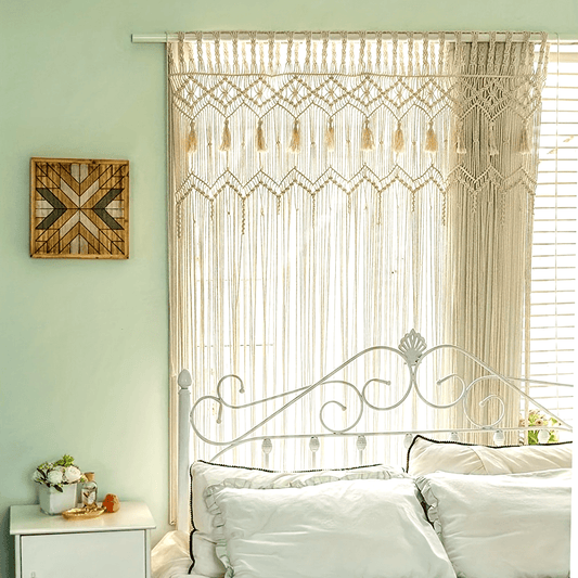 Wunderschöner Makramee-Vorhang – Handgefertigte Boho-Dekoration für Fenster, Türen & mehr, 130×178 cm, halbtransparent, 100 % Baumwolle