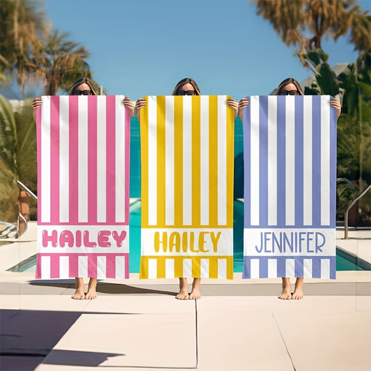 Personalisiertes Strandtuch mit individuellem Namen, Stranddecke mit Streifenmuster, super saugfähiges und schnell trocknendes Schwimmtuch - in vielen bunten Farben und verschiedenen Größen