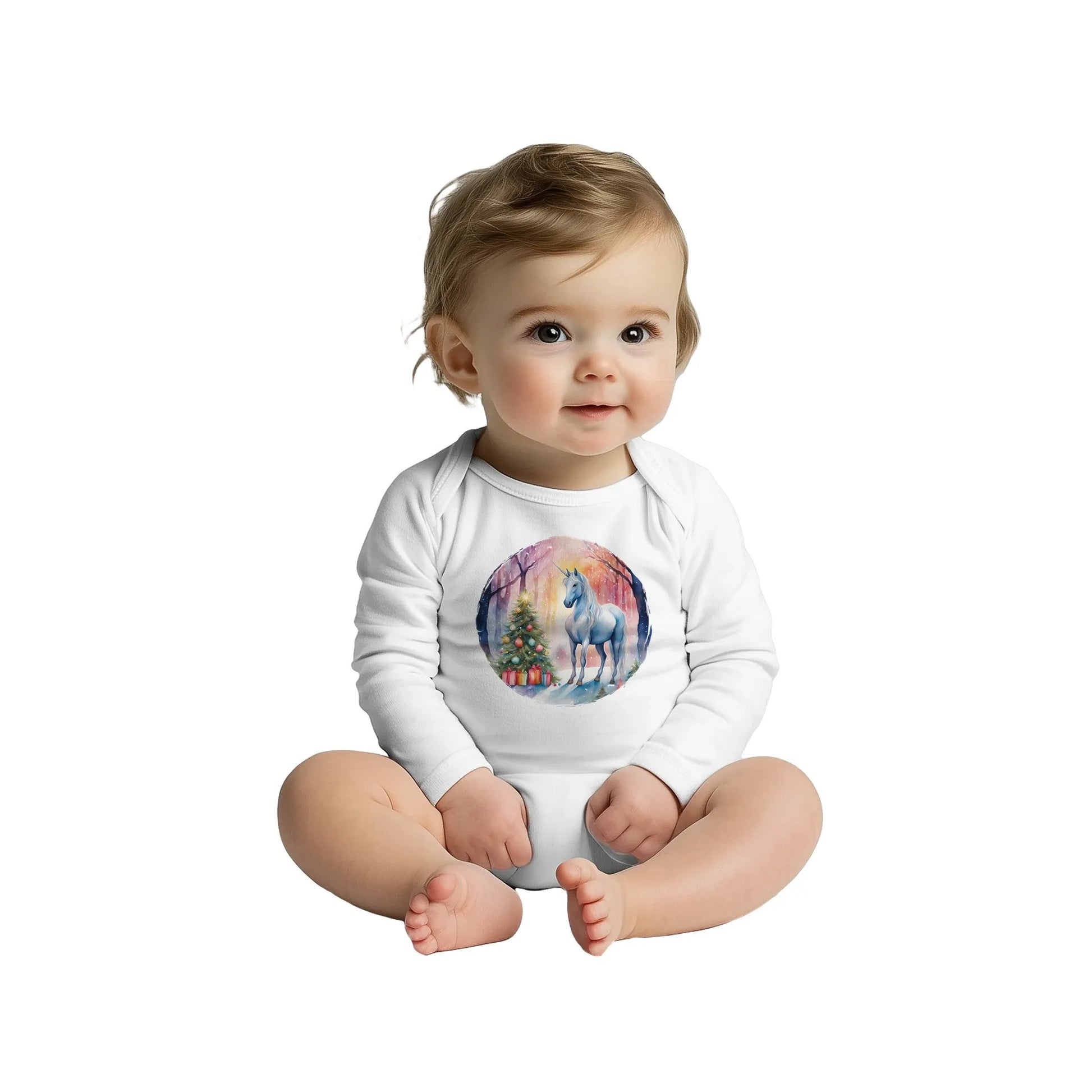 Baby Langarm Body für Weihnachten mit Mädchen Aufdruck - Christbaum und Einhorn - 100% Baumwolle - Größe bis 18 Monate bzw. 86 - Strampler Body mit Muster -