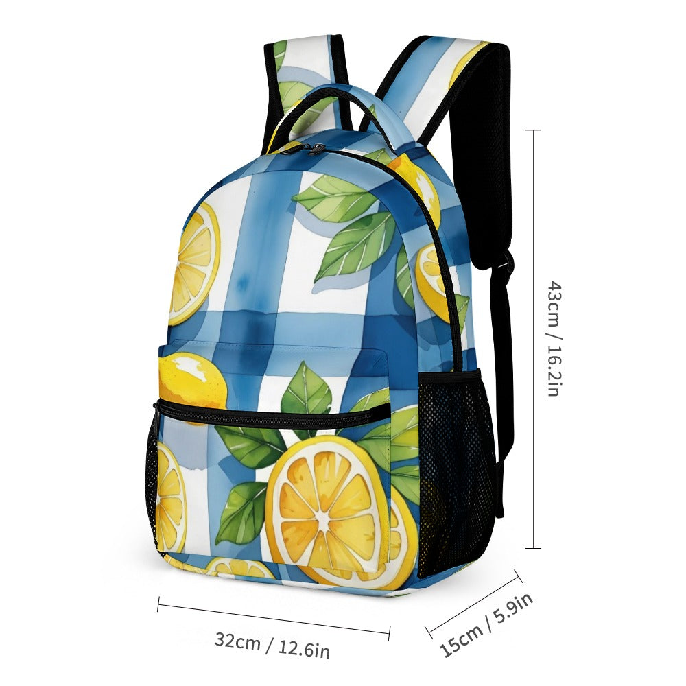 Fröhliches 3-teiliges Kinder Taschen Set mit Rucksack, Lunchtasche & Federmäppchen mit Zitronen - in den sommerlichen Farben blau, gelb, weiß und grün