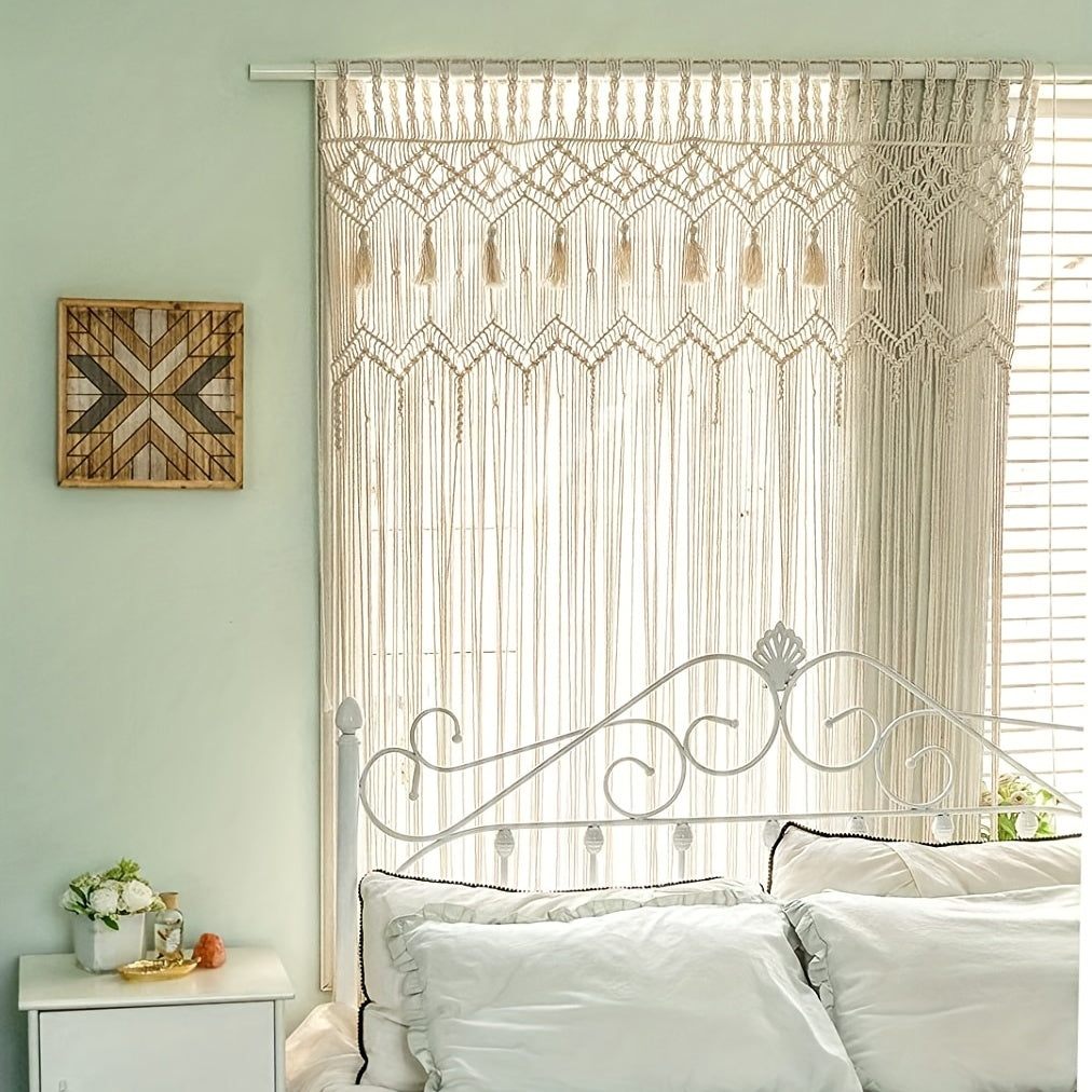Wunderschöner Makramee-Vorhang – Handgefertigte Boho-Dekoration für Fenster, Türen & mehr, 130×178 cm, halbtransparent, 100 % Baumwolle