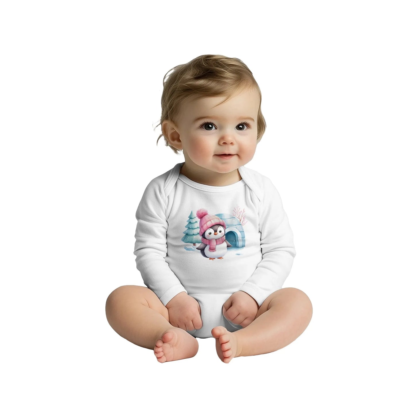 Baby Langarm Body mit pastell Mädchen Aufdruck mit Pinguin vor Iglu im Schnee - für Weihnachten und Winter - 100% Baumwolle - Größe bis 18 Monate bzw. 86 - Strampler Body mit Muster -