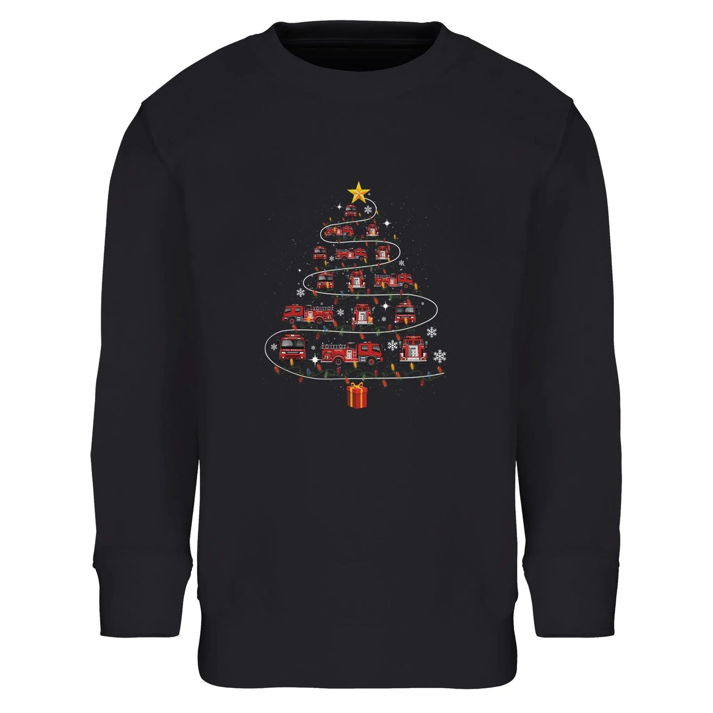 Kinder Sweatshirt mit Feuerwehr Fahrzeuge, Geschenk und Stern - Jungen Aufdruck für Weihnachten und Winter - 4 bis 14 Jahre - viele verschiedene Farben - Schwarz