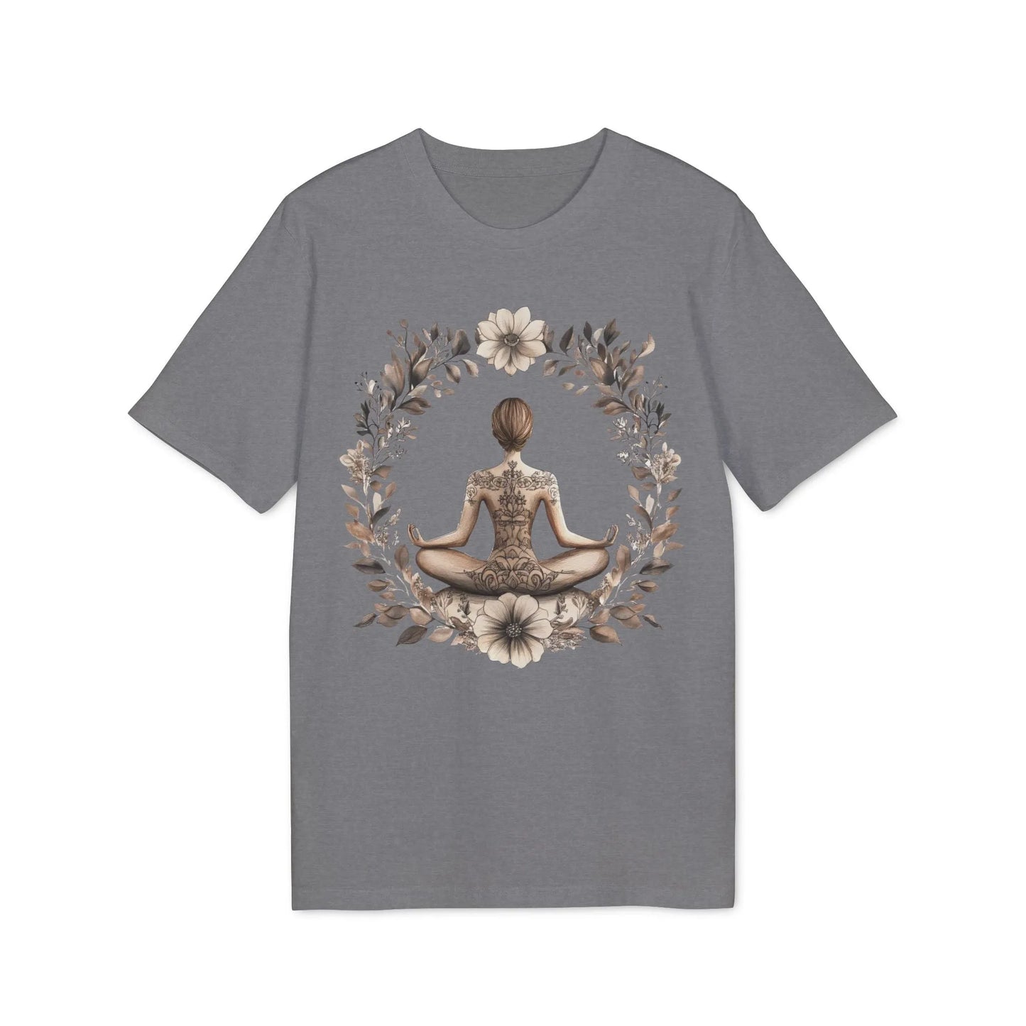 Unisex Yoga T-Shirt mit Aufdruck für Damen - kurzarm, 100% Bio Baumwolle, 180 g/m², in großen Größen, weiß und weitere Farben - Mid Heather Grey