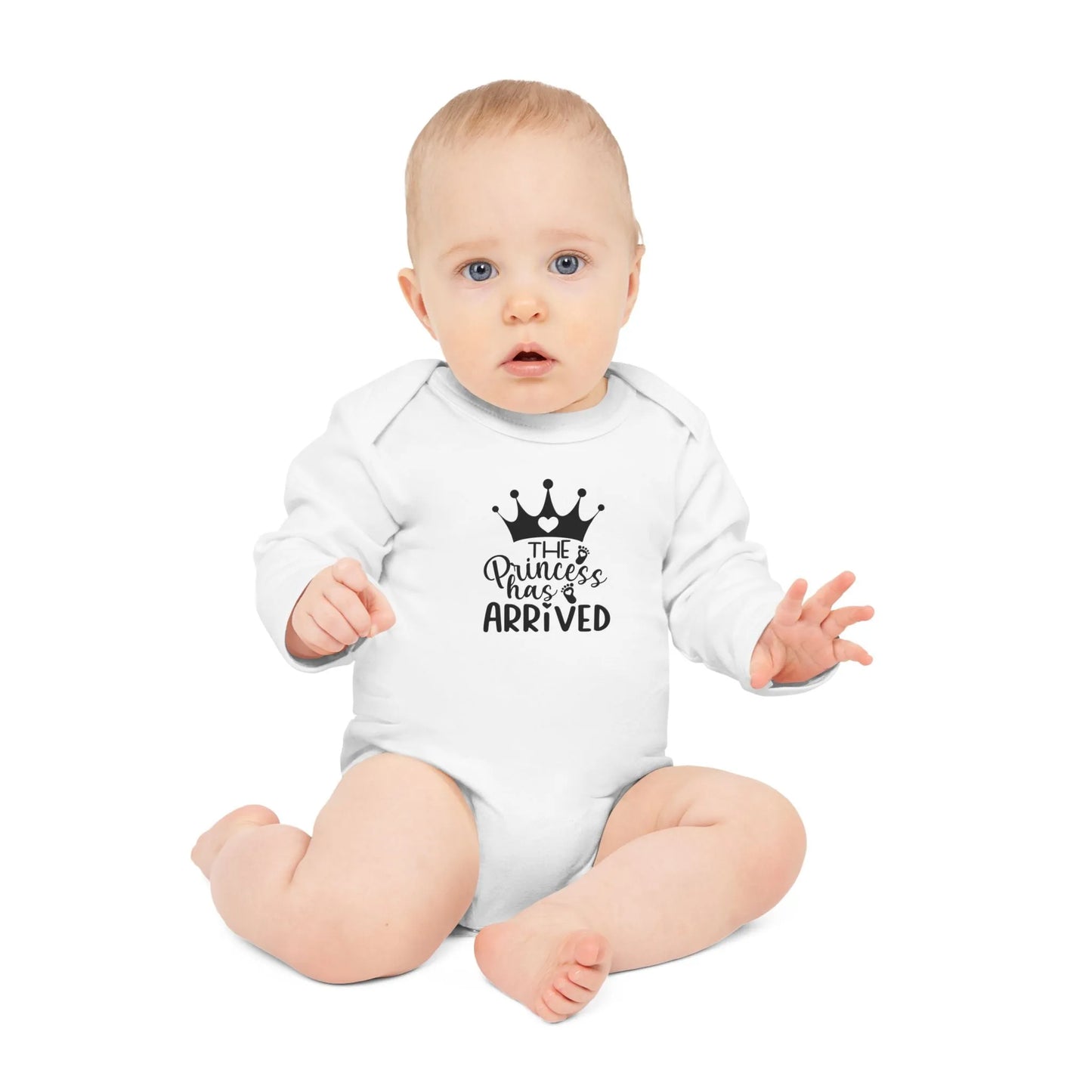 Langarm Baby und Kinder Bio Body mit Spruch "The Princess has arrived" - Unisex Bodysuit mit Aufdruck für Neugeborene und Kleinkinder - 100% Bio Baumwolle, 200 g/m², bis 18 Monate bzw. 86cm - mehrere Farben und Größen -