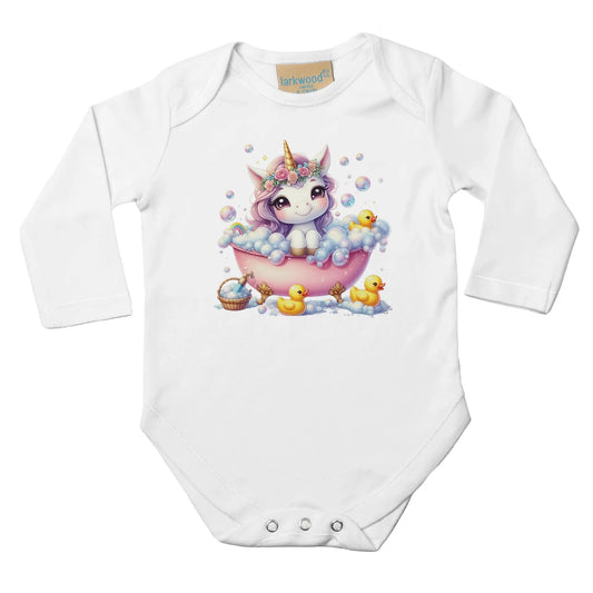 Unisex Baby Langarm Body mit Aufdruck - Einhorn Mädchen beim Baden mit Seifenblasen - 100% Baumwolle - Größe bis 18 Monate bzw. 86 - Strampler Body mit Aufdruck -