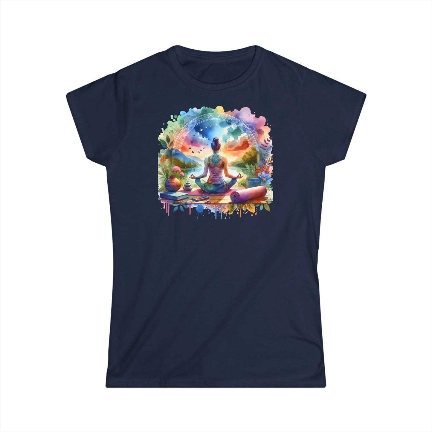 Tailliertes Damen Kurzarm T-Shirt mit Aufdruck – Frauen Shirt mit Yoga Mandala Motiv - 100% Baumwolle - 153 g/m² - auch in großen Größen – in vielen Farben - Navy