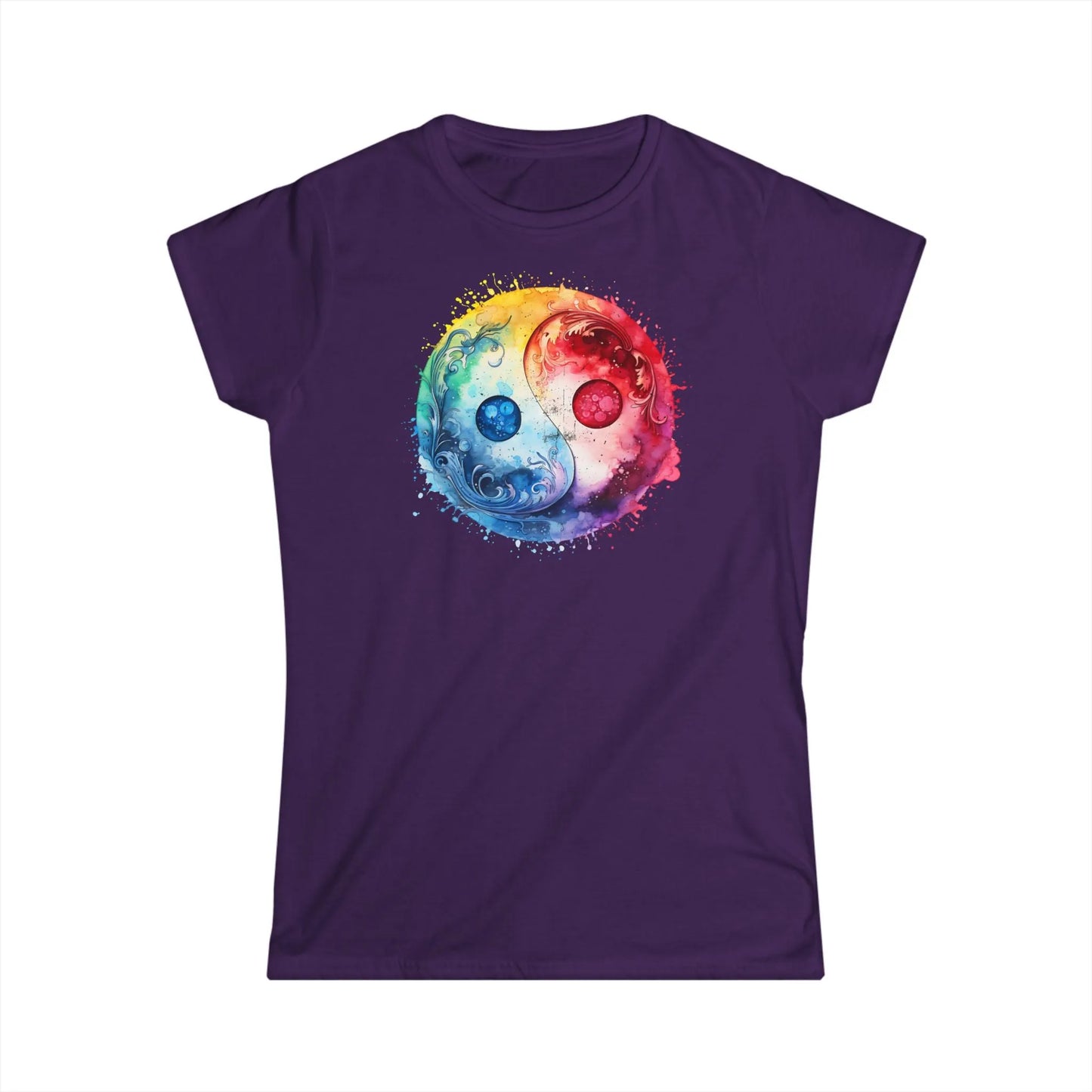 Tailliertes Damen Kurzarm T-Shirt mit Aufdruck mit Yin Yang Motiv - 100% Baumwolle - 153 g/m² - auch in großen Größen – in vielen Farben - Purple