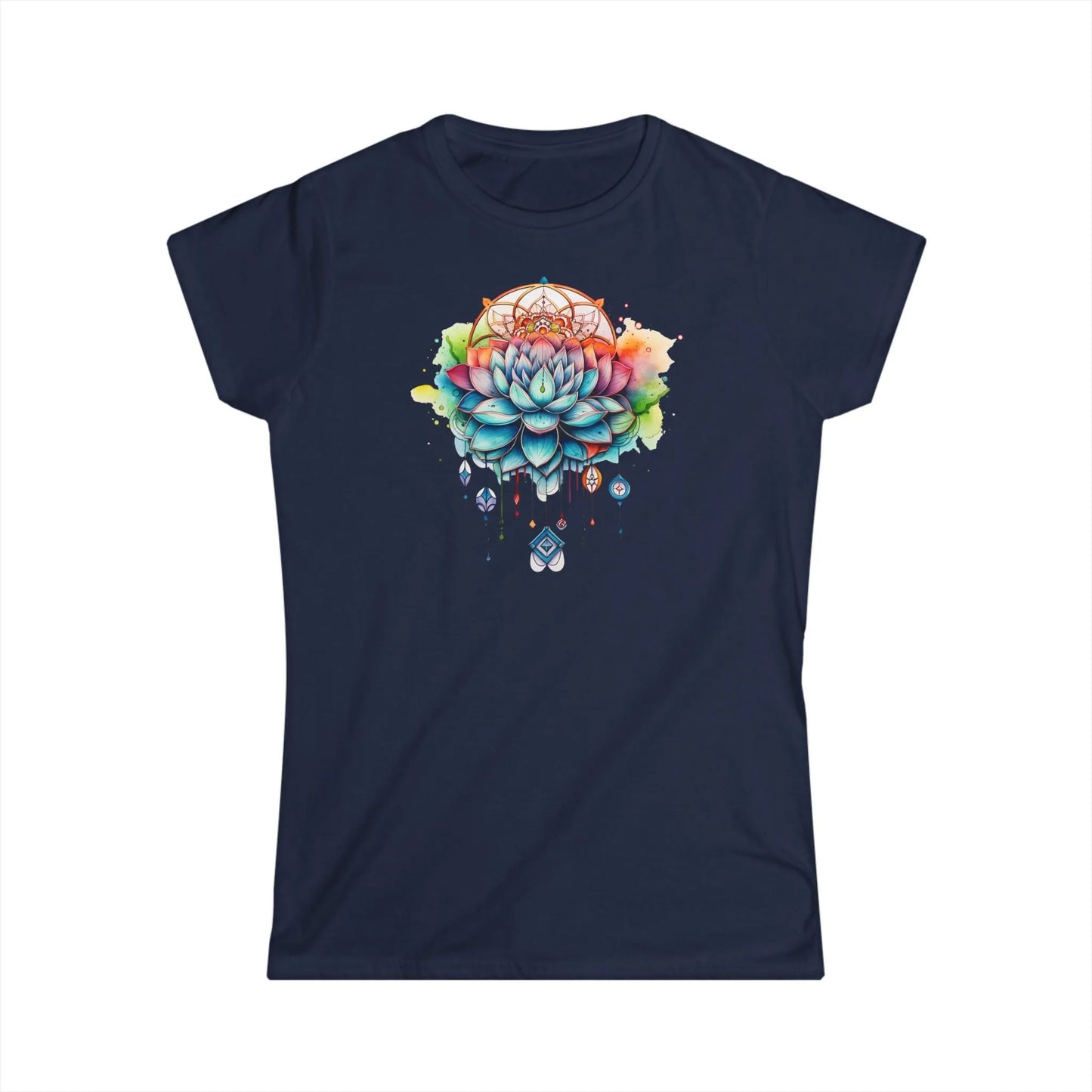 Tailliertes Damen Kurzarm T-Shirt mit Aufdruck – Frauen Shirt mit Yoga Blumen Motiv - 100% Baumwolle - 153 g/m² - auch in großen Größen – in vielen Farben - Navy