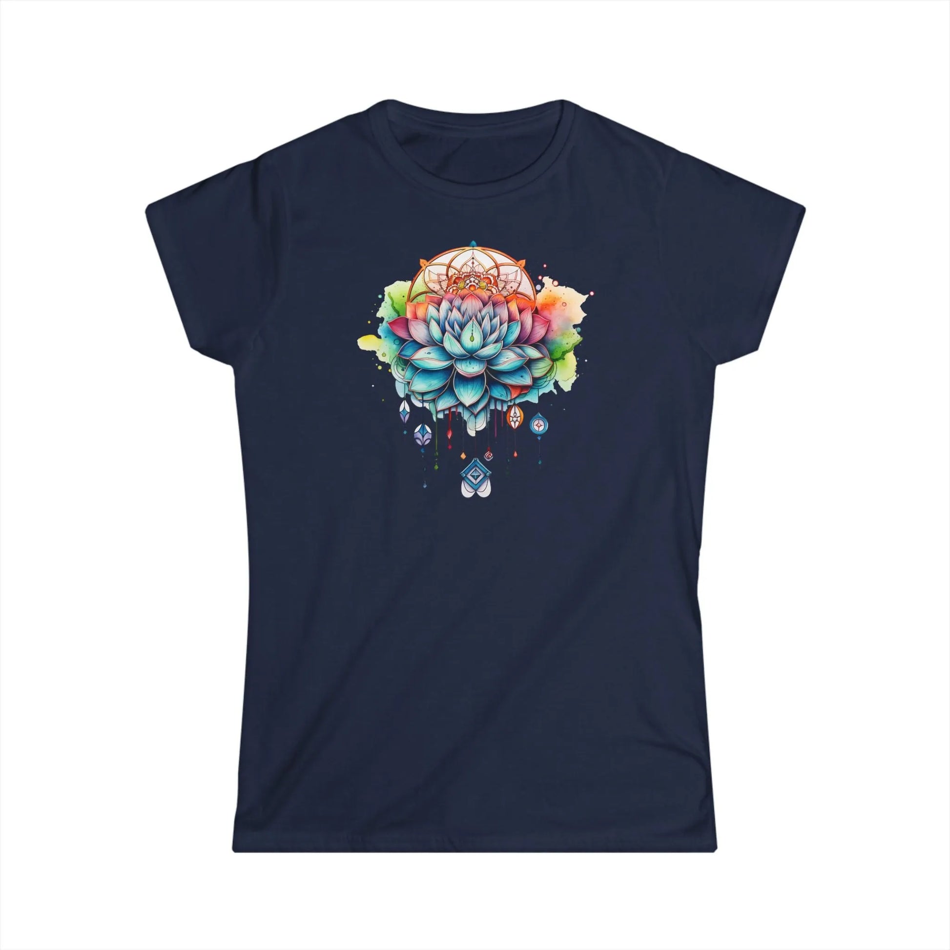 Tailliertes Damen Kurzarm T-Shirt mit Aufdruck – Frauen Shirt mit Yoga Blumen Motiv - 100% Baumwolle - 153 g/m² - auch in großen Größen – in vielen Farben - Navy