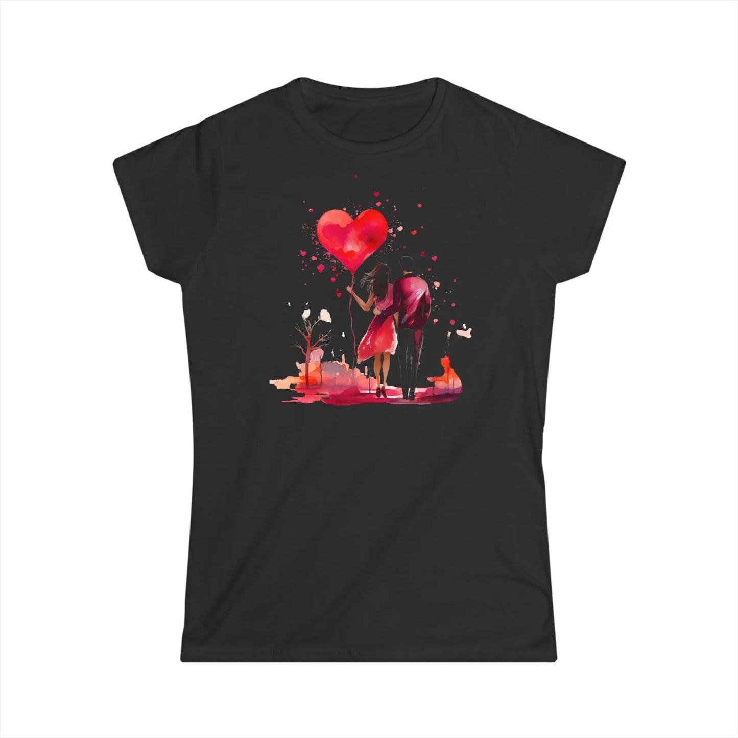 Tailliertes Damen Kurzarm T-Shirt mit Aufdruck – Paar mit großem Herz am Valentinstag - 100% Baumwolle - 153 g/m² - auch in großen Größen – in vielen Farben - Black