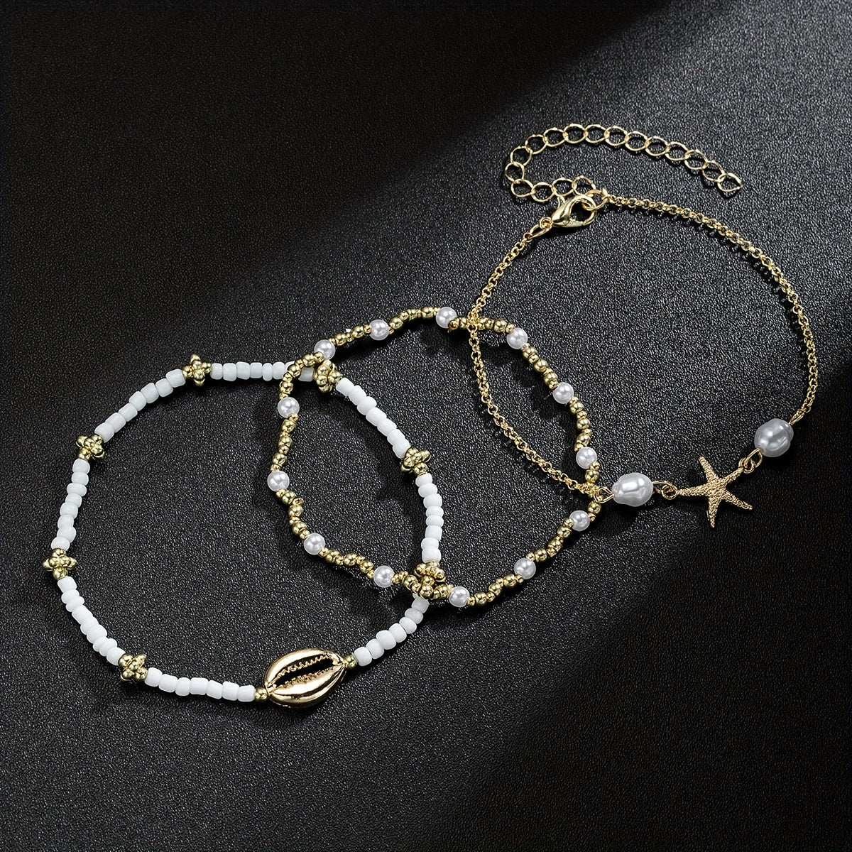3-teiliges Damen Fußkettchen Set im Boho-Strandstil mit Muscheln & Seestern in Gold und Weiß - sommerlicher Schmuck für perfekte Urlaubstimmung