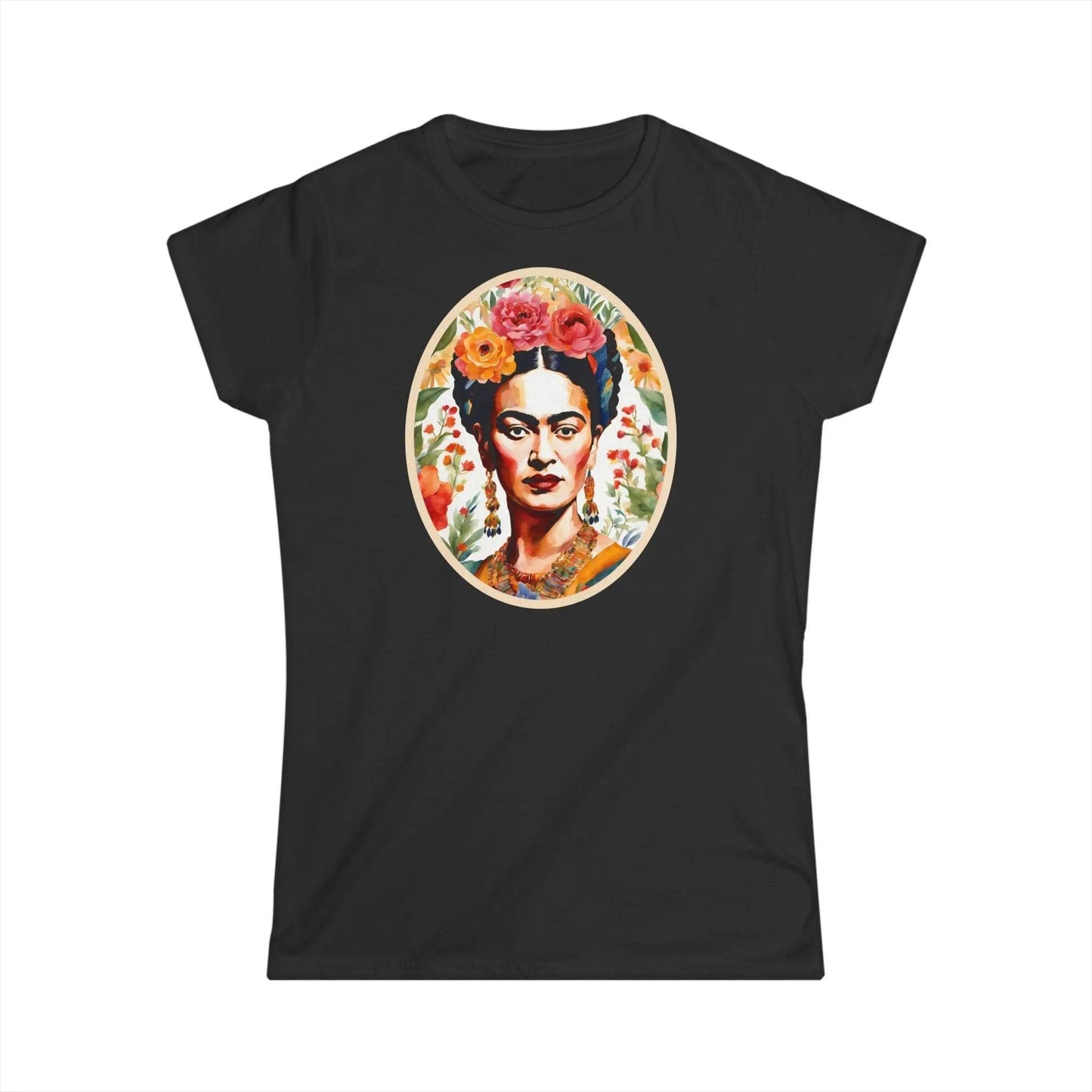 Tailliertes Damen Kurzarm T-Shirt mit Aufdruck – Frida Kahlo im Blumen Rahmen - 100% Baumwolle - 153 g/m² - auch in großen Größen - viele Farben - Black