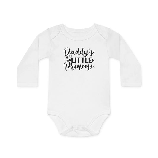 Langarm Baby und Kinder Bio Body mit Spruch Daddy´s little Princess - Unisex Bodysuit mit Aufdruck für Neugeborene und Kleinkinder - 100% Bio Baumwolle, 200 g/m², bis 18 Monate bzw. 86cm - White