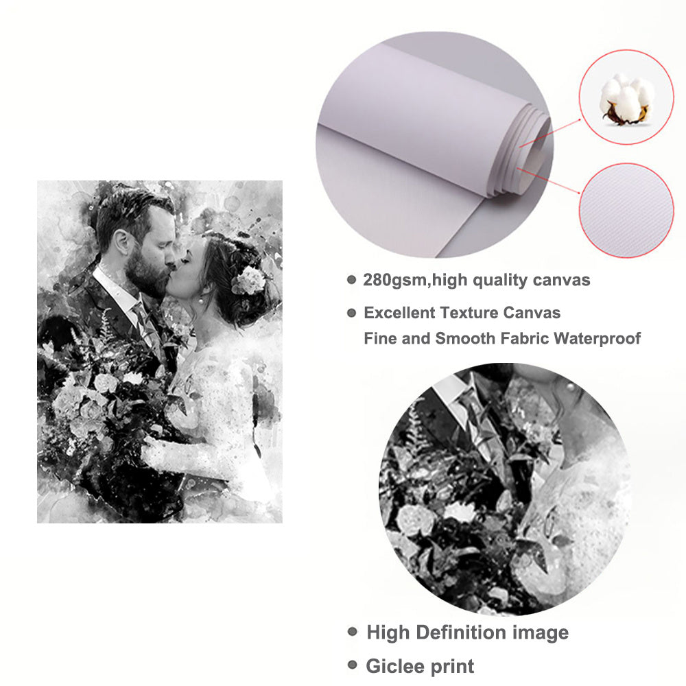 Personalisiertes Schwarz-Weiß-Wasserfarben-Bild zur Hochzeit auf Leinwand – ungerahmtes Porträt-Canvas-Poster, perfekt für Hochzeiten, Paare, Familien, Verlobungen, Haustiergedenken, in verschiedenen Größen
