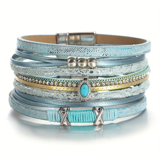Wunderschönes Retro Kreuz-Armband für Damen – Mehrteiliges Kunstleder Schmuckarmband mit blauen Steinen & Strass - 19,5cm Durchmesser - 7 Farben