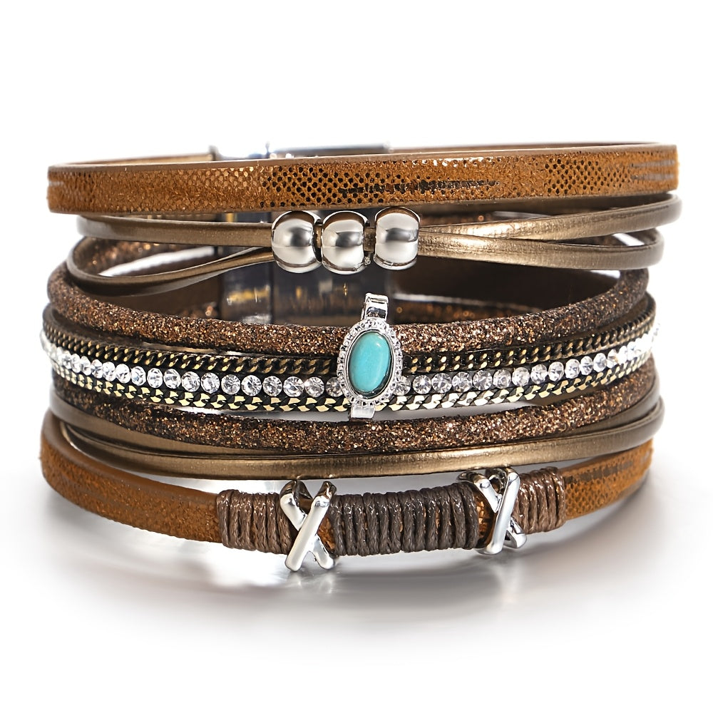 Wunderschönes Retro Kreuz-Armband für Damen – Mehrteiliges Kunstleder Schmuckarmband mit blauen Steinen & Strass - 19,5cm Durchmesser - 7 Farben