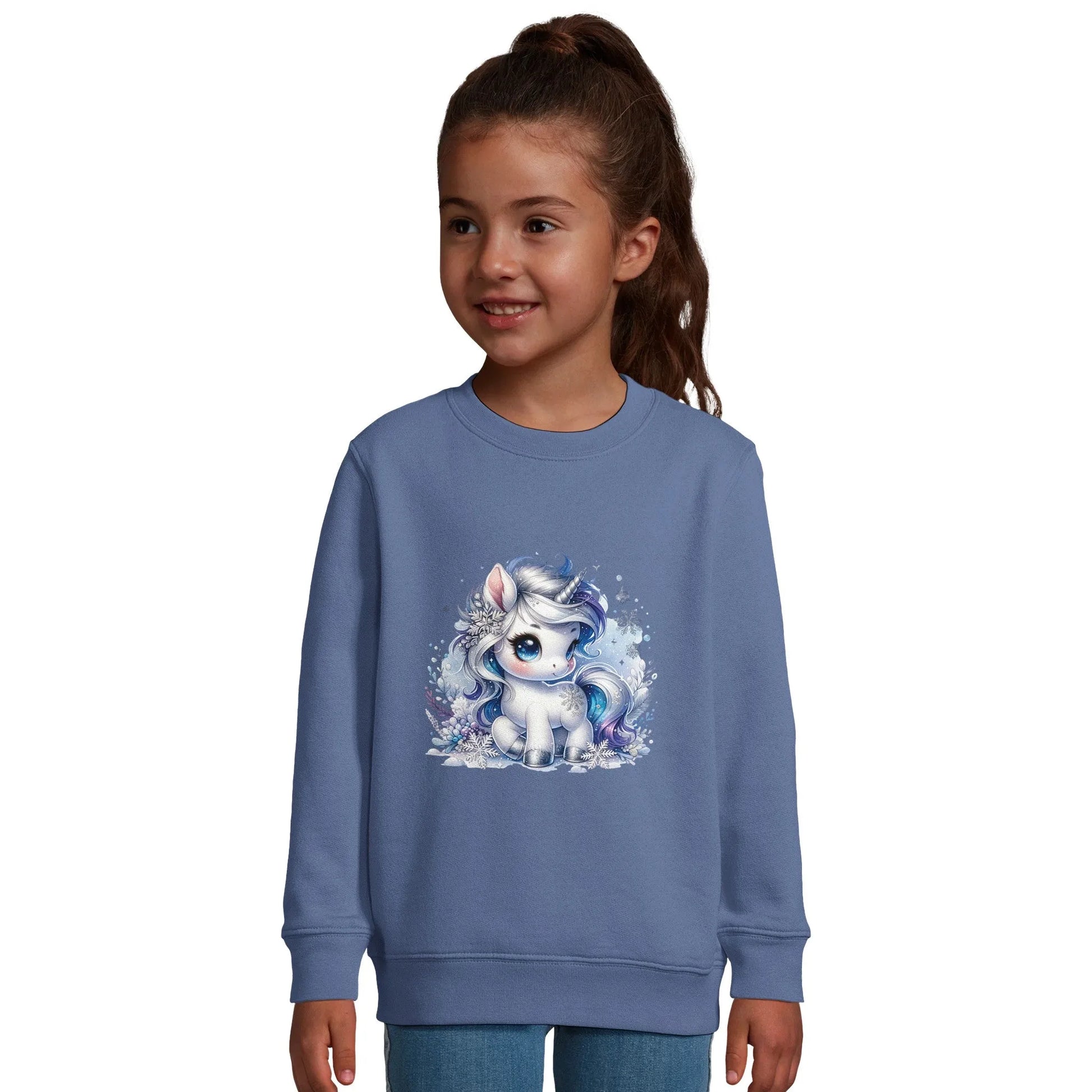 Kinder Sweatshirt mit Einhorn und Eisblumen - Unicorn Mädchen Aufdruck für Weihnachten und Winter - 4 bis 14 Jahre – in vielen Farben und Größen -