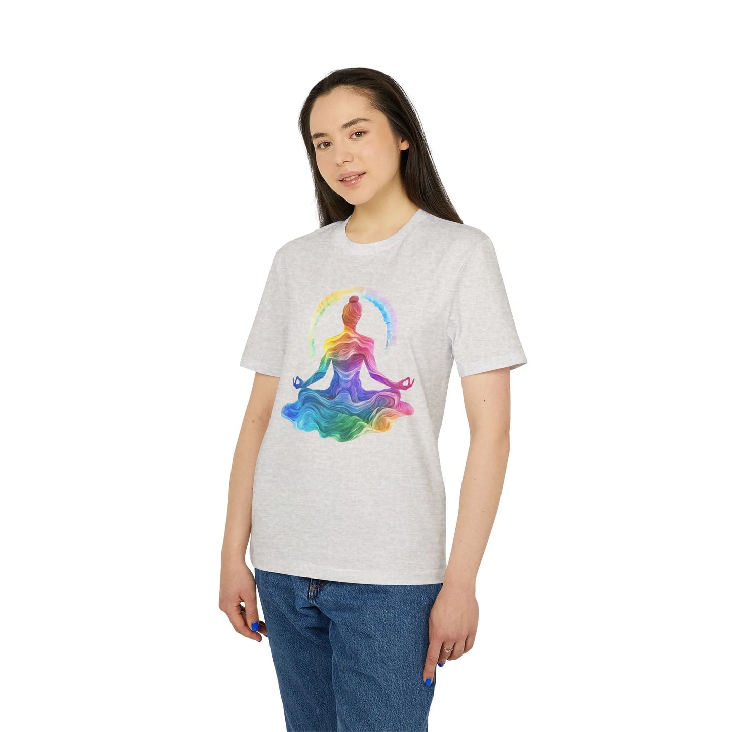 Unisex Yoga T-Shirt mit Aufdruck für Damen und Herren - Regenbogen Farben, kurzarm, 100% Bio Baumwolle, 180 g/m², in großen Größen, weiß und weitere Farben -