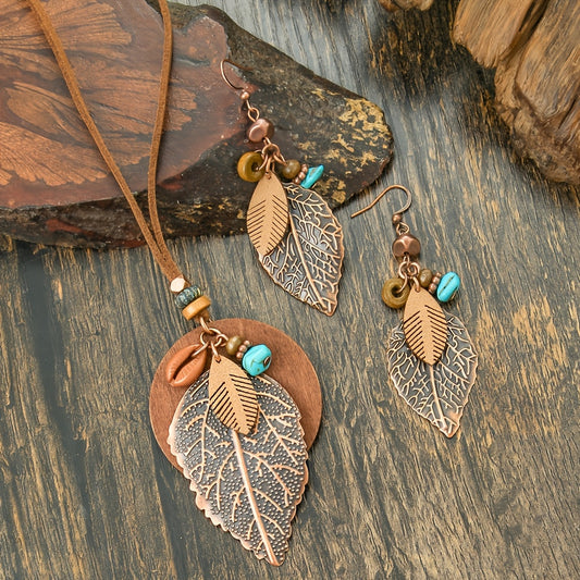 3-teiliges einzigartiges Boho Ethno-Schmuckset mit 1 Anhänger Kette sowie super dazupassende Ohrringe in Kaffee & Türkis - mit Blattanhänger auf Lederband sowie Tropfenohrringe