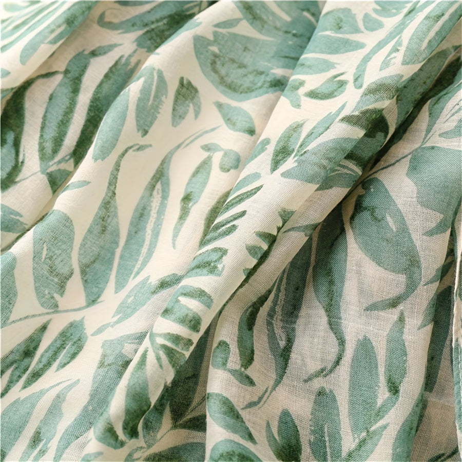 Großer Damen Schal mit bezauberndem Blättermotiv in hübschen Grün-Töne - 85 × 185 cm - mit Bananenblatt-Print in Mint/Petrol sowie pfiffige Fransen - 100 % Polyester