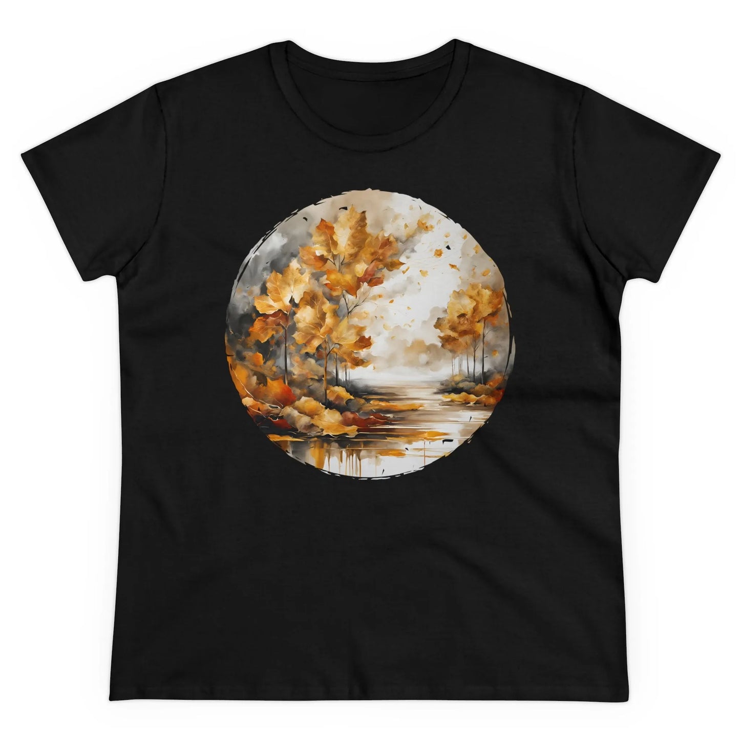 Damen Rundhals Shirt mit modernem Print - Abstrakte Landschaft im Herbst/Winter - tailliertes Kurzarm T-Shirt für Frauen - auch in großen Größen - 100% Baumwolle - 180 g/m² - Black