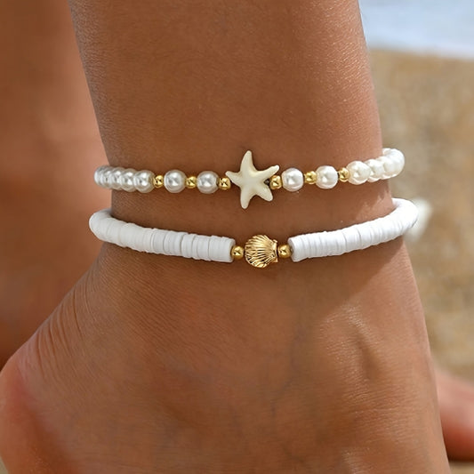 2er-Set Damen-Fußkettchen Boho-Stil – maritime Muschel- und Seestern-Designs mit hübschen Perlen in Weiß & Gold für Sommer und Urlaub