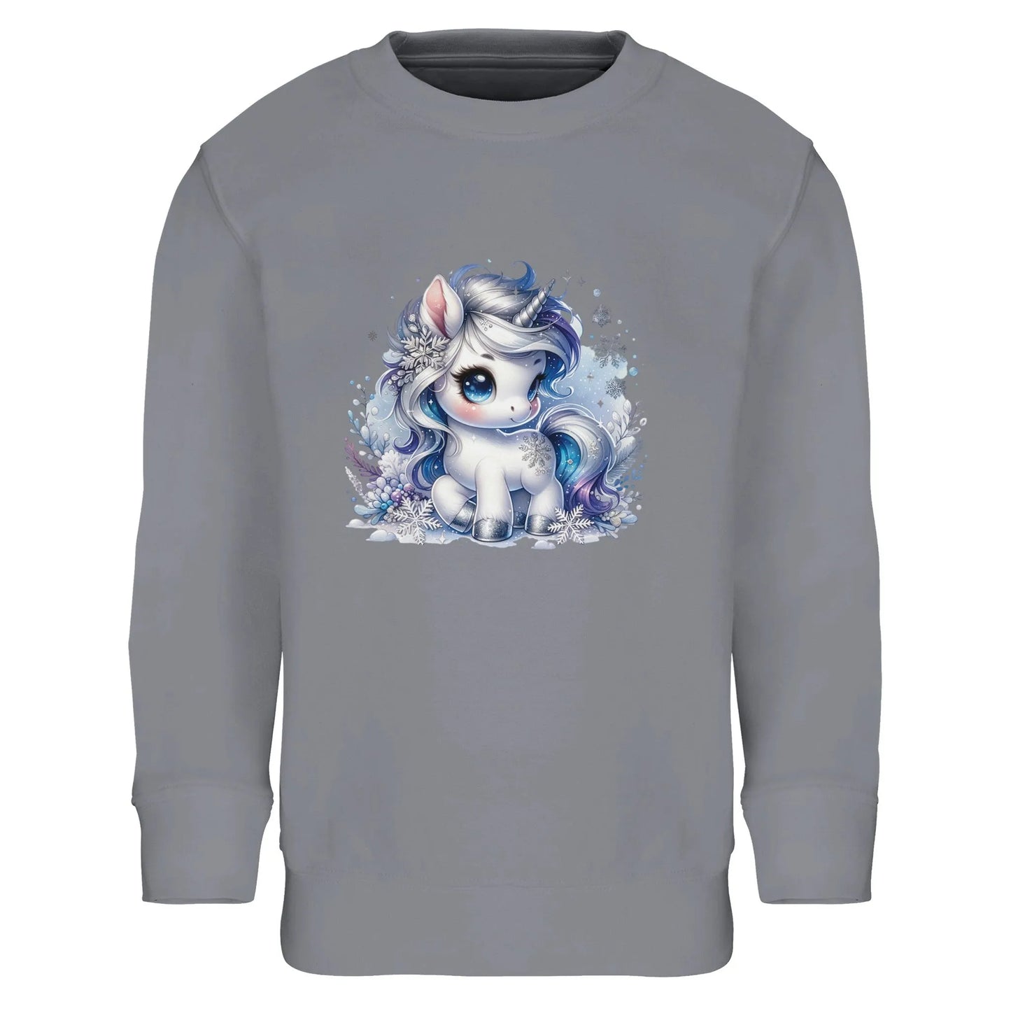 Kinder Sweatshirt mit Einhorn und Eisblumen - Unicorn Mädchen Aufdruck für Weihnachten und Winter - 4 bis 14 Jahre – in vielen Farben und Größen - Grey Melange