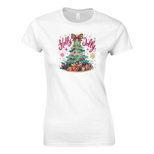 Tailliertes Damen Kurzarm T-Shirt mit Print - Christbaum und Holly Jolly - Weihnachten und Winter – viele Farben und große Größen -