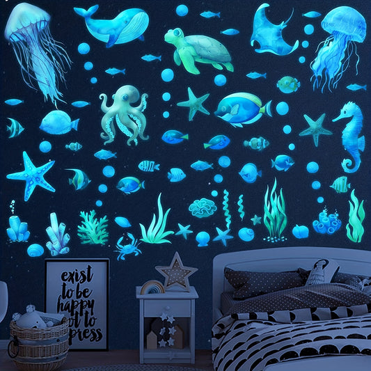 85-teiliges Set mit maritime Unterwasserwelt Wandaufkleber "Glow in the dark" mit Meerestiere, Seesterne, Pflanzen  – leuchtende Aufkleber in Blau oder Grün für Badezimmer, Kinderzimmer oder Wohnbereich
