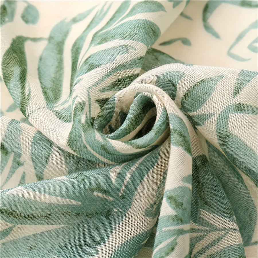 Großer Damen Schal mit bezauberndem Blättermotiv in hübschen Grün-Töne - 85 × 185 cm - mit Bananenblatt-Print in Mint/Petrol sowie pfiffige Fransen - 100 % Polyester