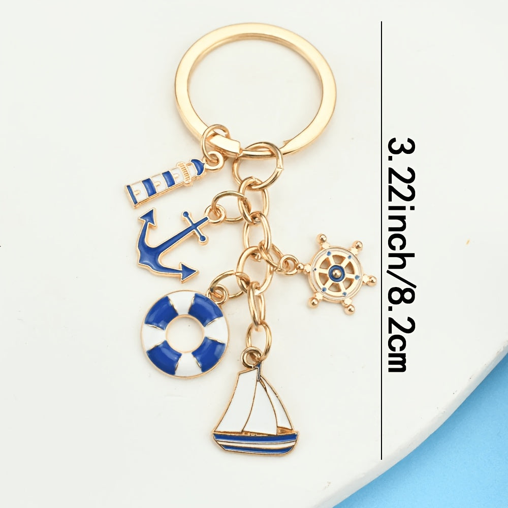 Sommerlicher Schlüsselanhänger im maritimen Stil – 8,2cm hoher Anhänger mit Anker, Rettungsring & Leuchtturm aus hochwertiger Legierung