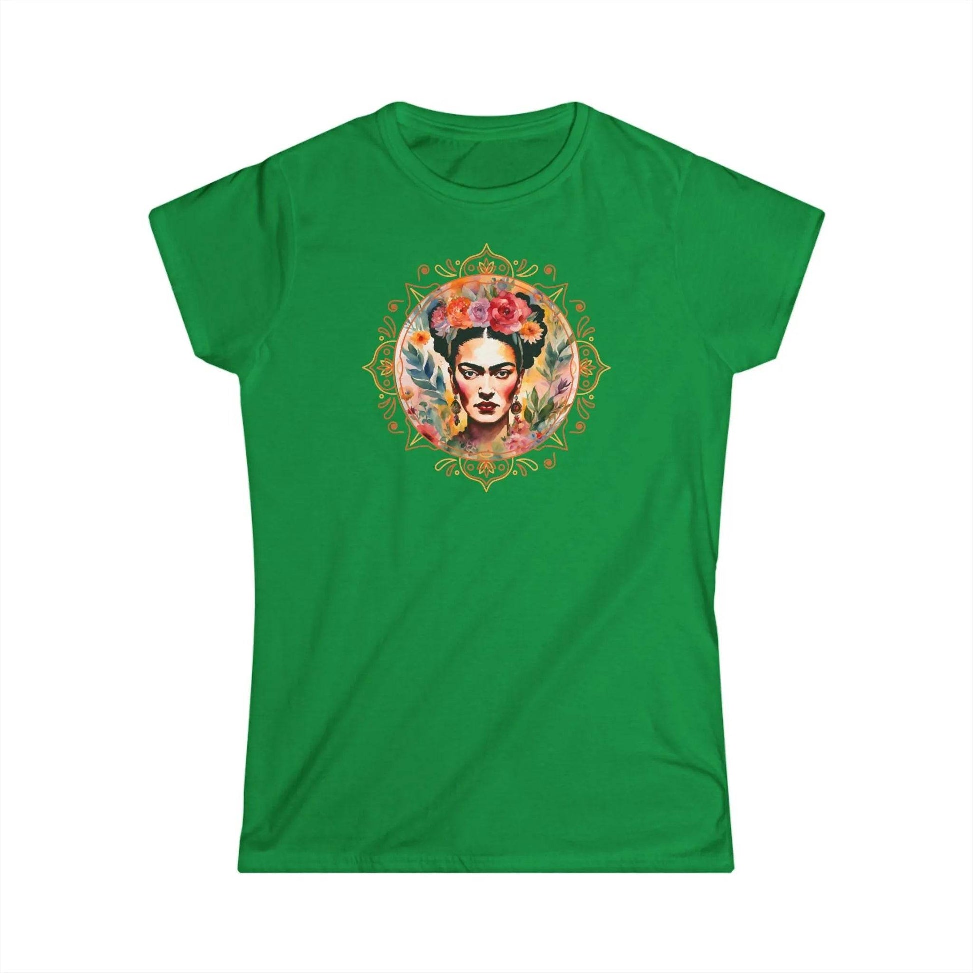 Tailliertes Damen Kurzarm T-Shirt mit Aufdruck – Frida Kahlo Print im Rahmen in gold orange - 100% Baumwolle - 153 g/m² - auch in großen Größen - viele Farben - Irish Green