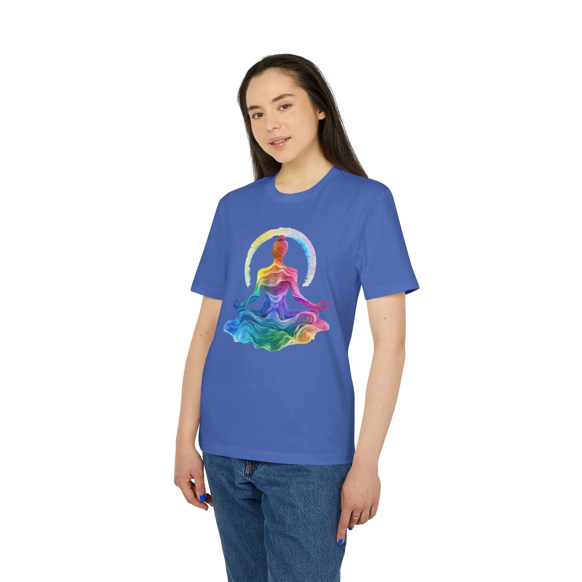 Unisex Yoga T-Shirt mit Aufdruck für Damen und Herren - Regenbogen Farben, kurzarm, 100% Bio Baumwolle, 180 g/m², in großen Größen, weiß und weitere Farben -