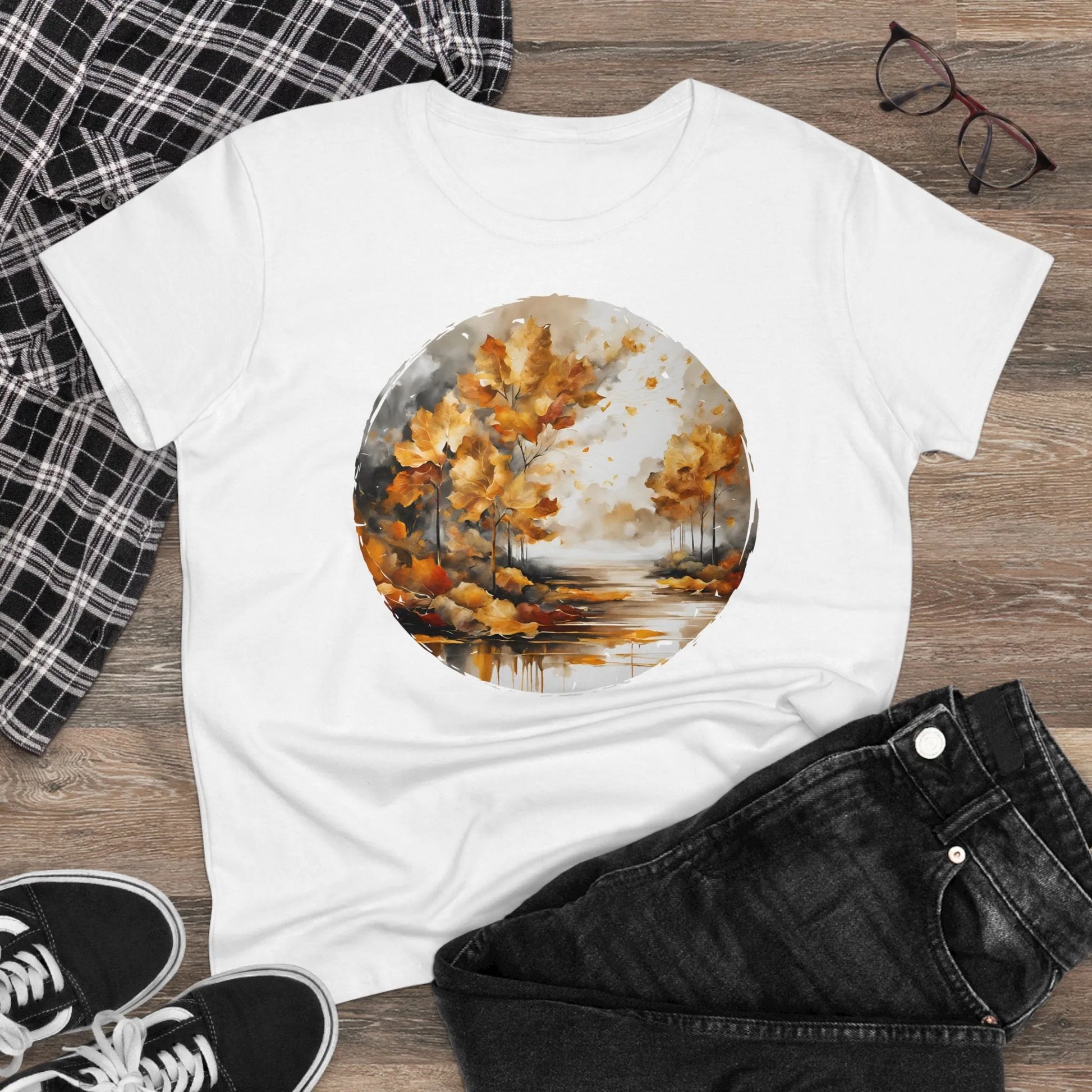 Damen Rundhals Shirt mit modernem Print - Abstrakte Landschaft im Herbst/Winter - tailliertes Kurzarm T-Shirt für Frauen - auch in großen Größen - 100% Baumwolle - 180 g/m² -