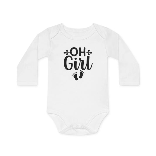 Langarm Baby und Kinder Bio Body mit Spruch "Oh Girl" mit Babyfüßchen - Unisex Bodysuit mit Aufdruck für Neugeborene und Kleinkinder - 100% Bio Baumwolle, 200 g/m², bis 18 Monate bzw. 86cm - mehrere Farben und Größen - White
