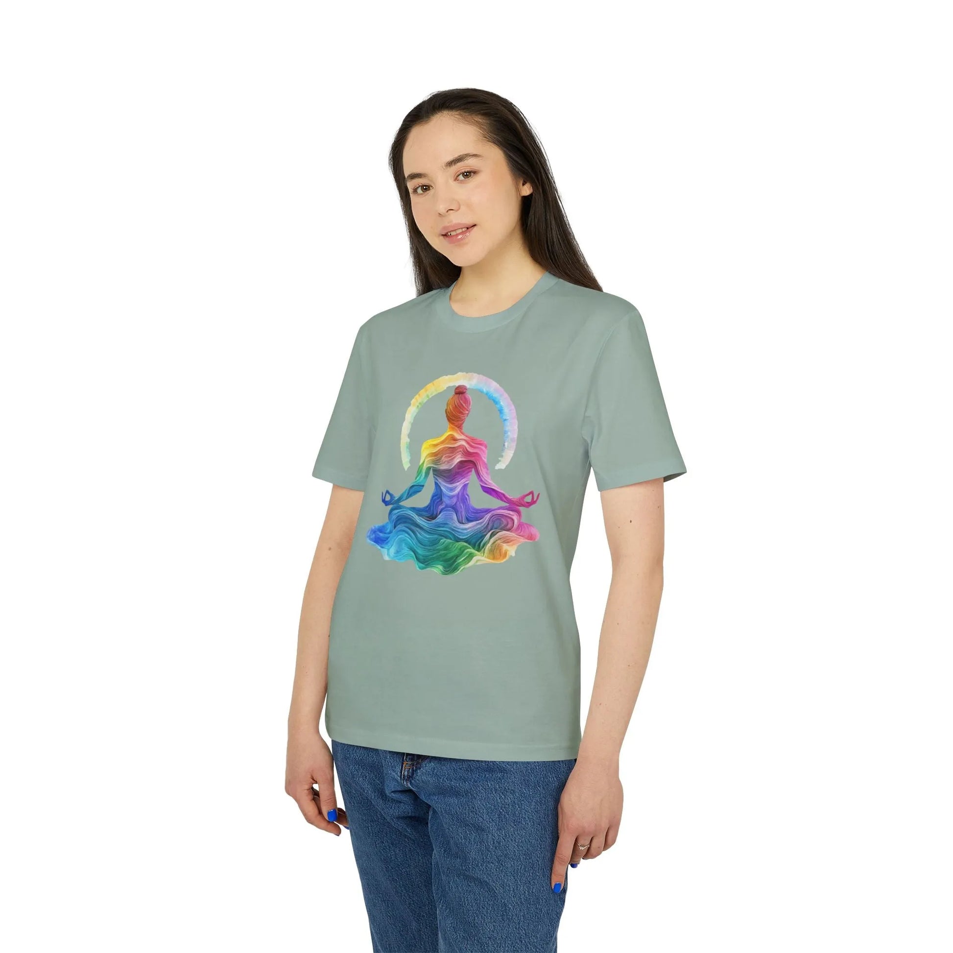 Unisex Yoga T-Shirt mit Aufdruck für Damen und Herren - Regenbogen Farben, kurzarm, 100% Bio Baumwolle, 180 g/m², in großen Größen, weiß und weitere Farben -