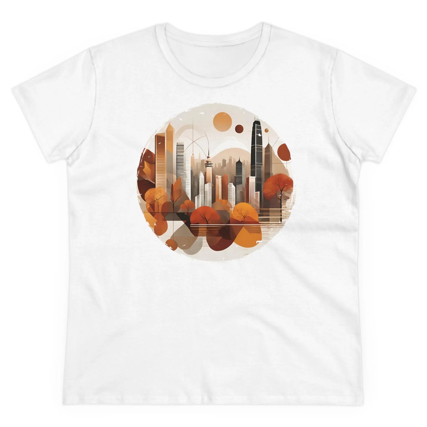 Damen Rundhals Shirt mit modernem Print - modernes Stadtleben im Herbst - tailliertes Kurzarm T-Shirt für Frauen - auch in großen Größen - 100% Baumwolle - 180 g/m² - White