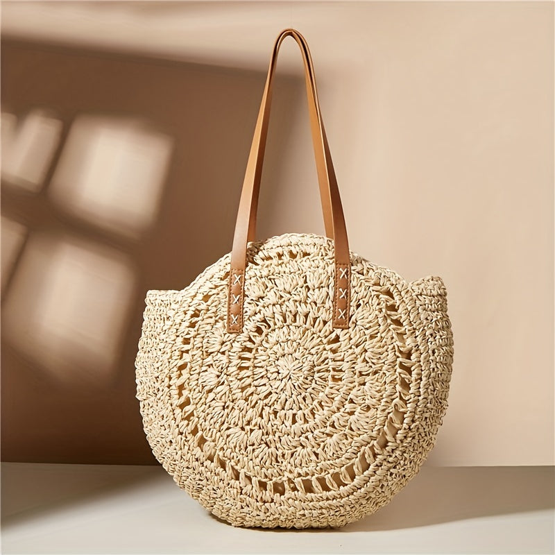 Runde Damen Boho Strohtasche mit Lochmuster – Damen-Umhängetasche für Strand & Sommer in Beige oder Khaki - 43×40 cm, mit Reißverschluss