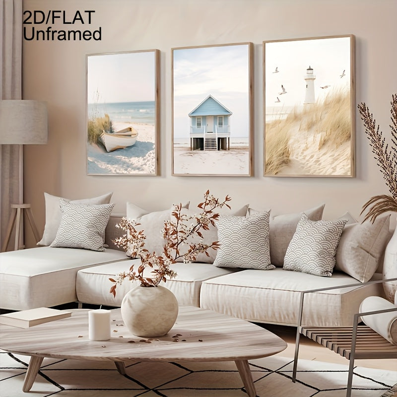 3er-Set Leinwand-Posterdruck für maritime Sommerträume – Rahmenloser Posterdruck mit Leuchtturm, Strandhaus & Boot in sanften Farben