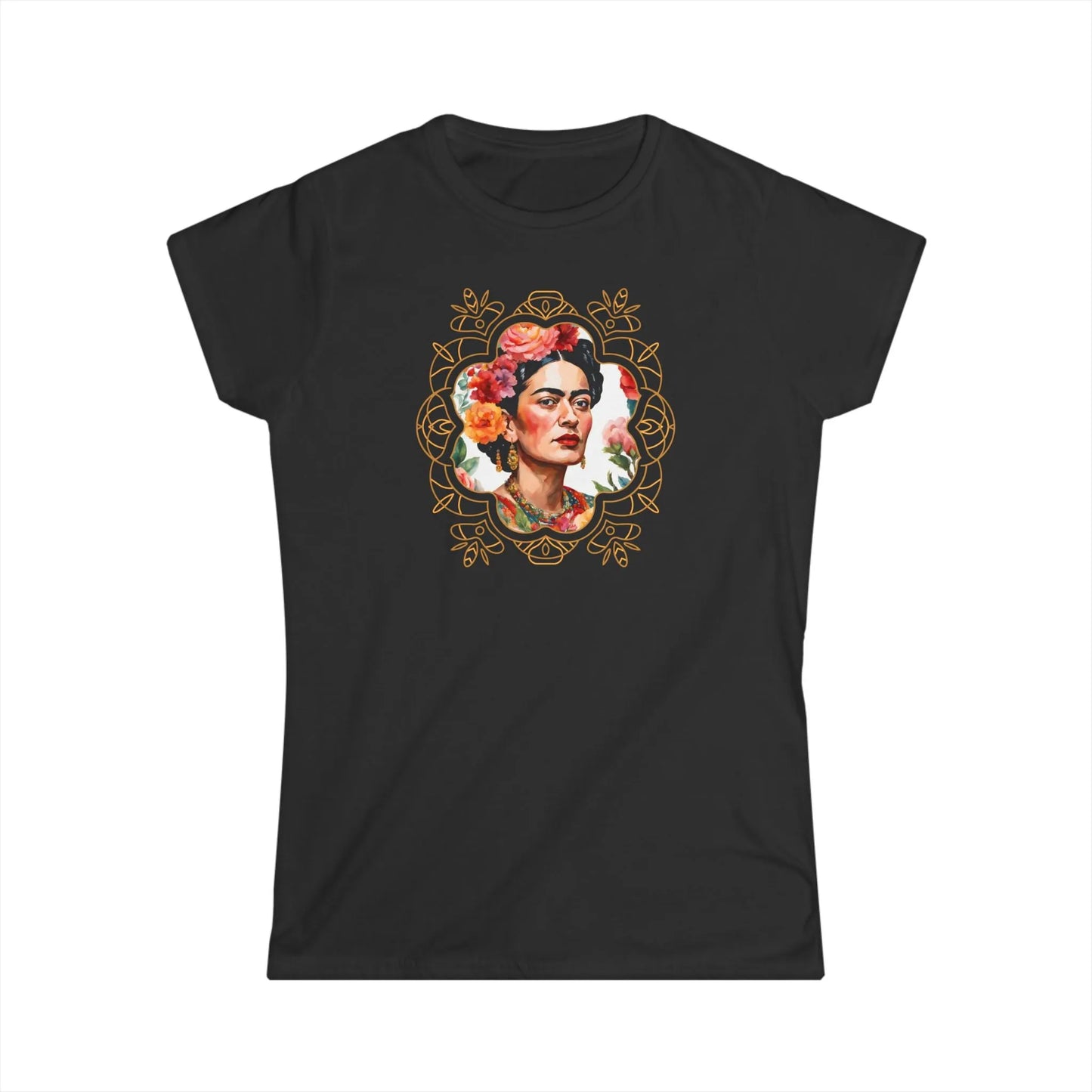 Tailliertes Damen Kurzarm T-Shirt mit Aufdruck – Frida Kahlo Print im abstrakten Rahmen - 100% Baumwolle - 153 g/m² - auch in großen Größen - viele Farben - Black