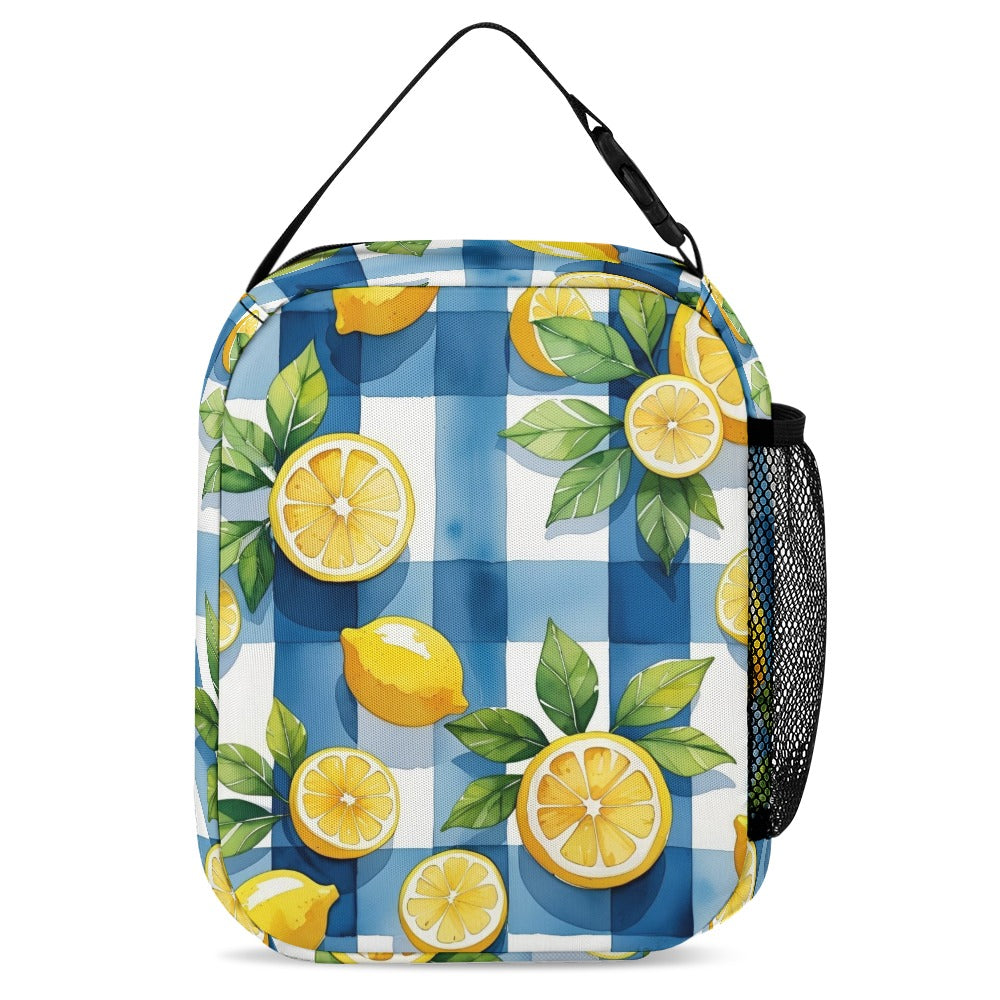 Fröhliches 3-teiliges Kinder Taschen Set mit Rucksack, Lunchtasche & Federmäppchen mit Zitronen - in den sommerlichen Farben blau, gelb, weiß und grün