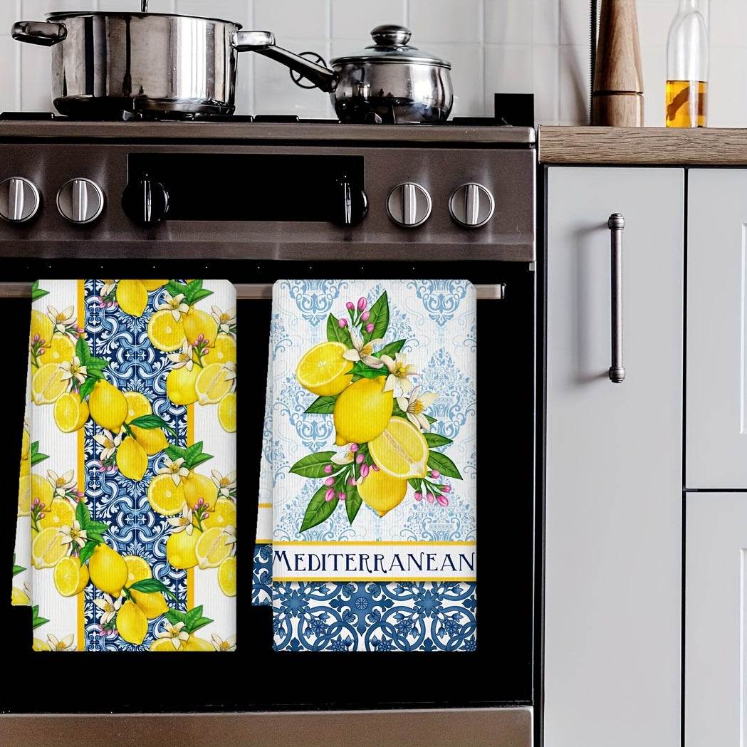 happy-prints.eu - 2er-Pack Vintage Zitronen Küchentücher in blau & weiß – 100 % Mikrofaser, 70x45 cm, maschinenwaschbar
