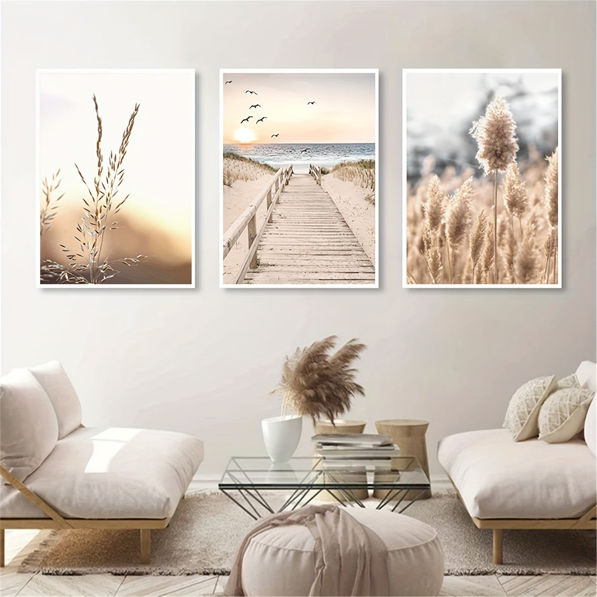 3er-Set rahmenlose Leinwanddruck Bilder im Boho Nature Stil – Modernes Wanddeko-Poster mit Grashalm, Meerblick & Pampasgras auf Leinwand ohne Rahmen