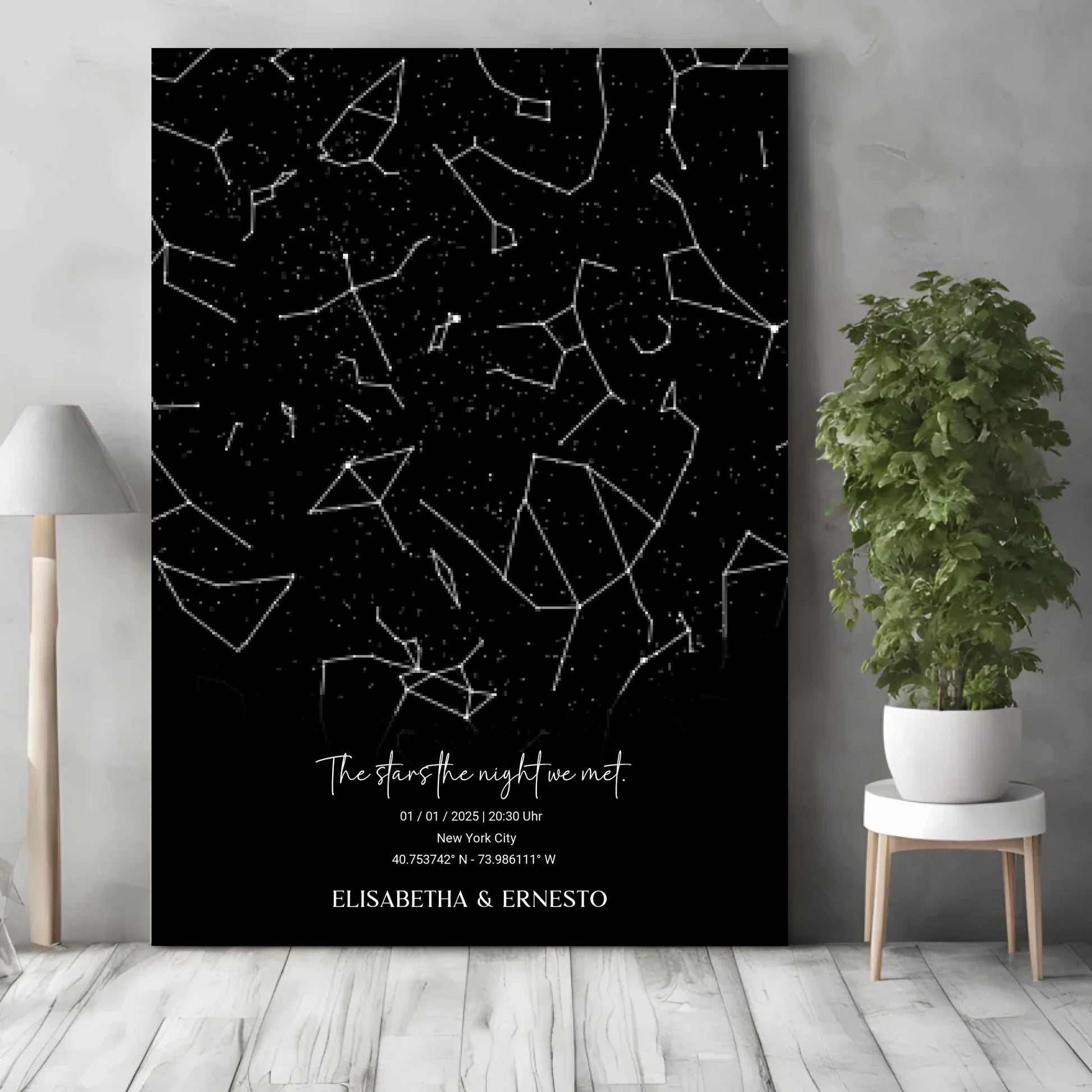 Personalisierte Sternenkarte mit Name, Datum und Ort auf schwarz - verschiedene Größen - als Poster oder mit Rahmen -