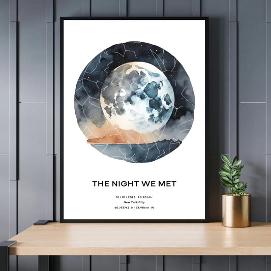 Personalisierte Sternenkarte mit Name, Datum und Ort auf watercolor world - verschiedene Größen - als PDF oder Poster mit oder ohne Rahmen - Exklusives Holzrahmen-Poster mit Halbglanzpapier, bruchsicheres Plexiglas und FSC-zertifiziertes Papier