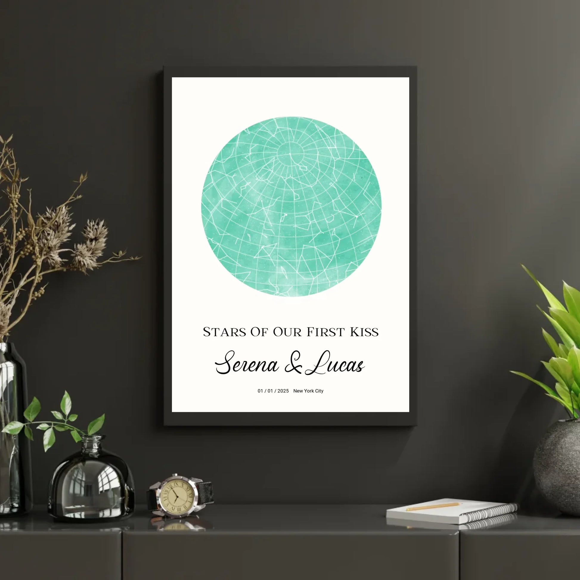 Personalisiertes Sternenbild mit Vollmond in 30 Farben auf hellbeige - als PDF sowie Poster mit und ohne Rahmen -